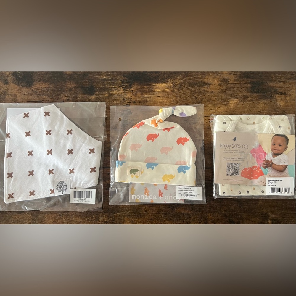 NWT Baby Bundle! Small Story Onsie, Parker Baby Bib and Monica + Andy cap